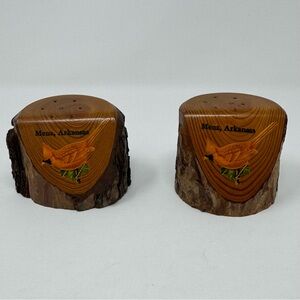 Vintage Real Wood Tree Stump Souvenir Salt and Pepper Shakers Mena Arkansas